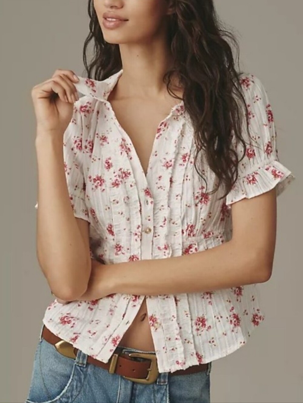 Anthropologie Pilcro White & pink Floral Button Front Top Blouse Medium
